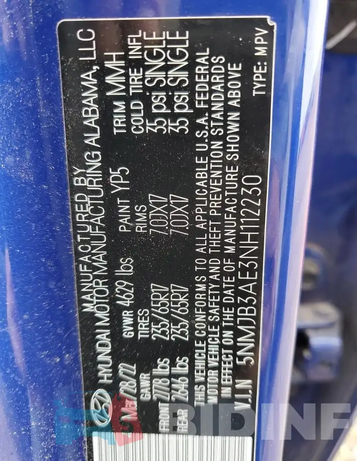 5NMJB3AE3NH112230 Photo# 12