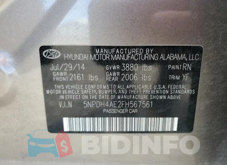 5NPDH4AE2FH567561 Photo# 13