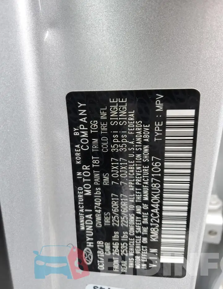 KM8J2CA40KU871067 Photo# 13
