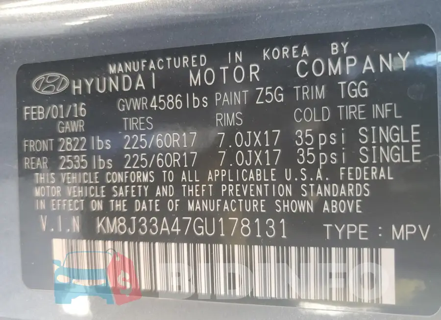 KM8J33A47GU178131 Photo# 12