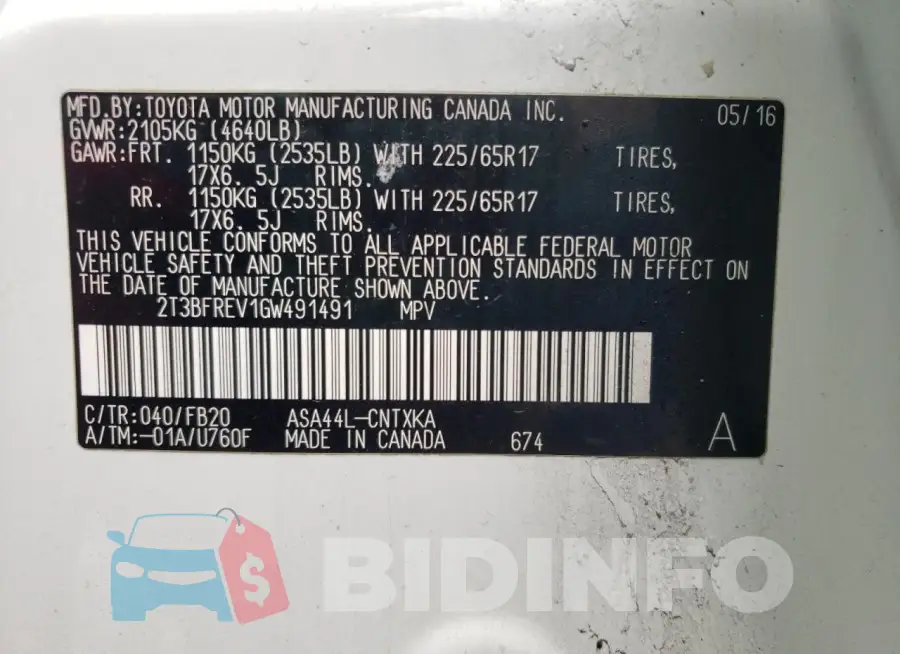 2T3BFREV1GW491491 Photo# 13