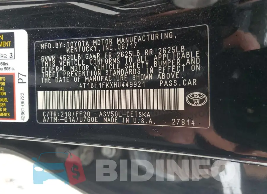 4T1BF1FKXHU449921 Photo# 12