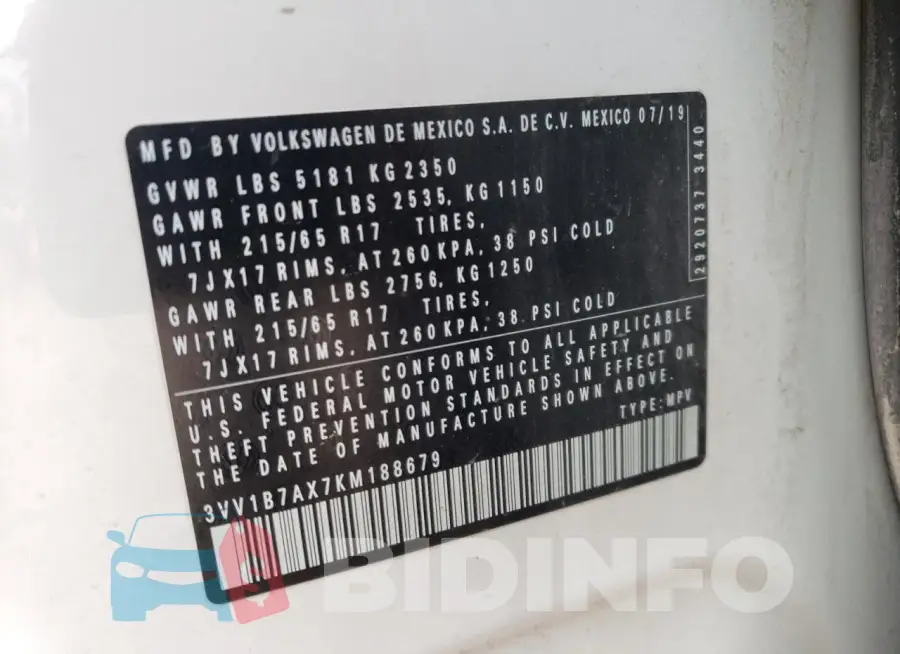 3VV1B7AX7KM188679 Photo# 12