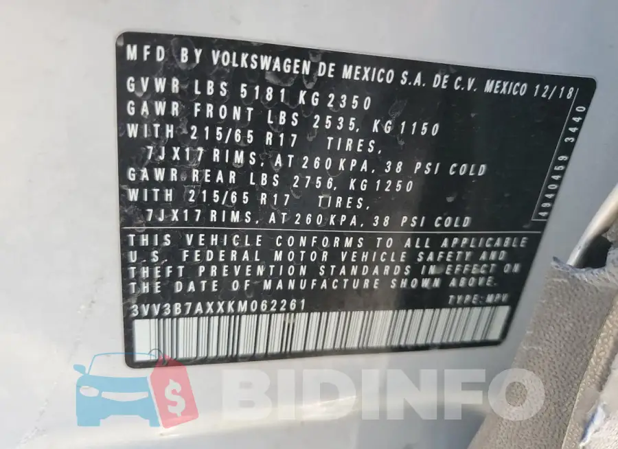 3VV3B7AXXKM062261 Photo# 12