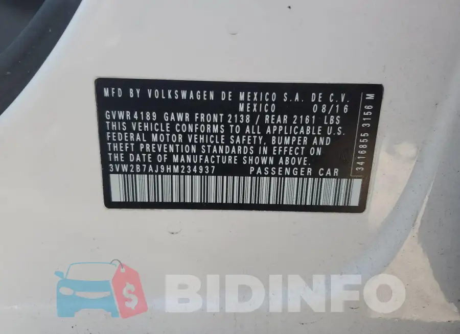 3VW2B7AJ9HM234937 Photo# 12