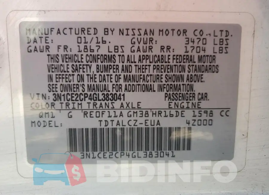 3N1CE2CP4GL383041 Photo# 13