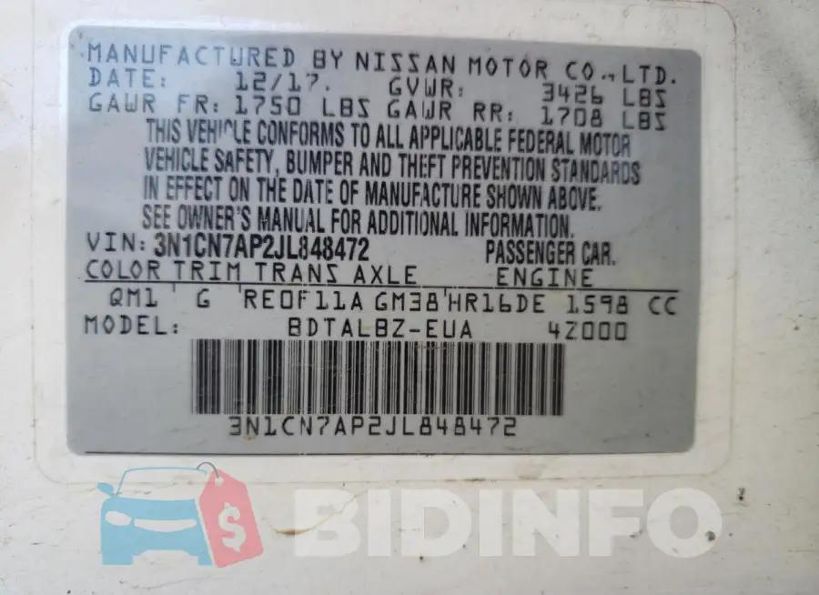 3N1CN7AP2JL848472 Photo# 12