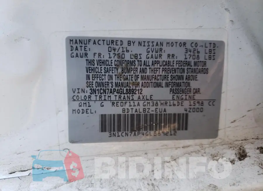 3N1CN7AP4GL889212 Photo# 12