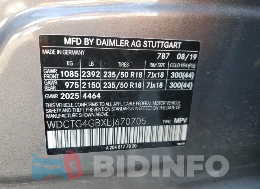 WDCTG4GBXLJ670705 Photo# 12