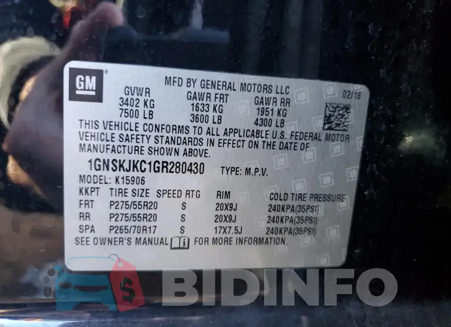 1GNSKJKC1GR280430 Photo# 13