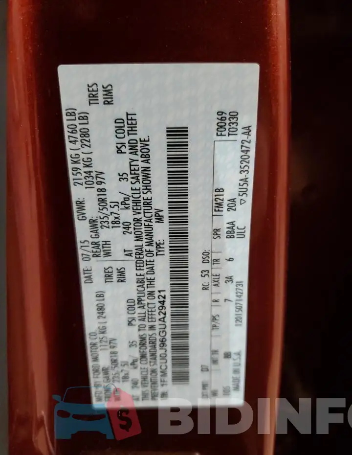 1FMCU0J96GUA29421 Photo# 12