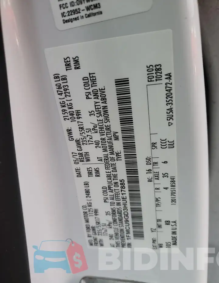 1FMCU9GD3HUE17885 Photo# 13