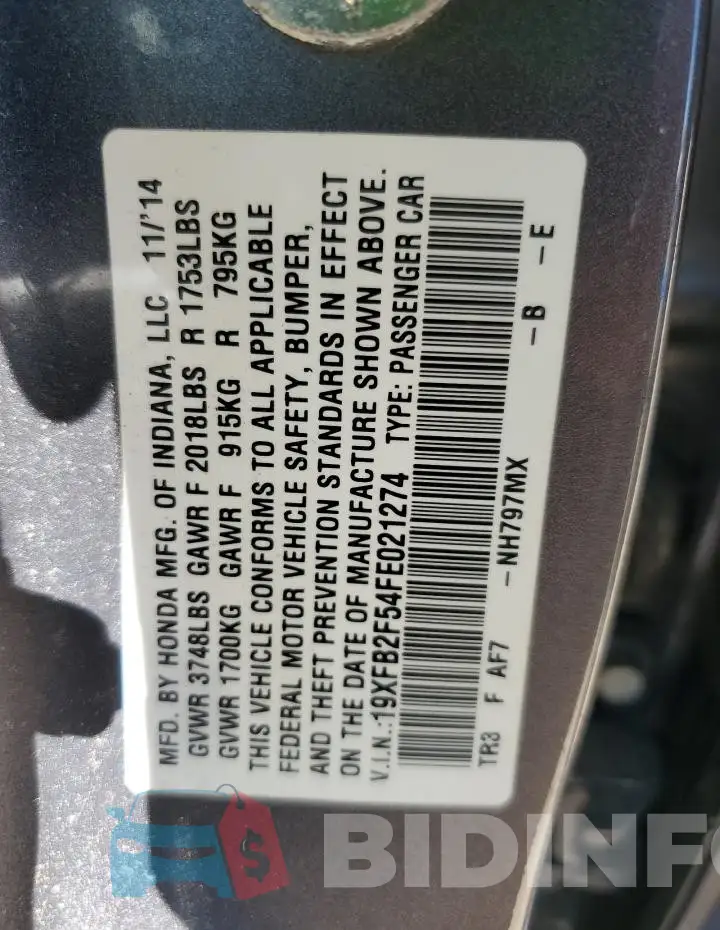 19XFB2F54FE021274 Photo# 12