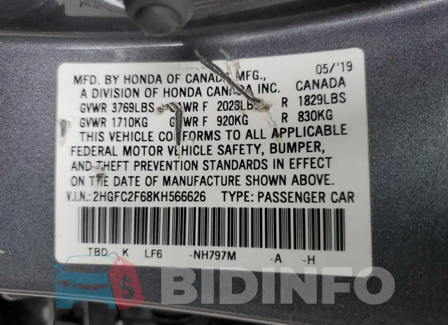 2HGFC2F68KH566626 Photo# 12