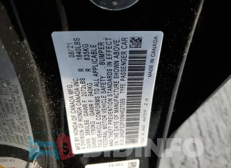 2HGFE2F55NH527059 Photo# 12