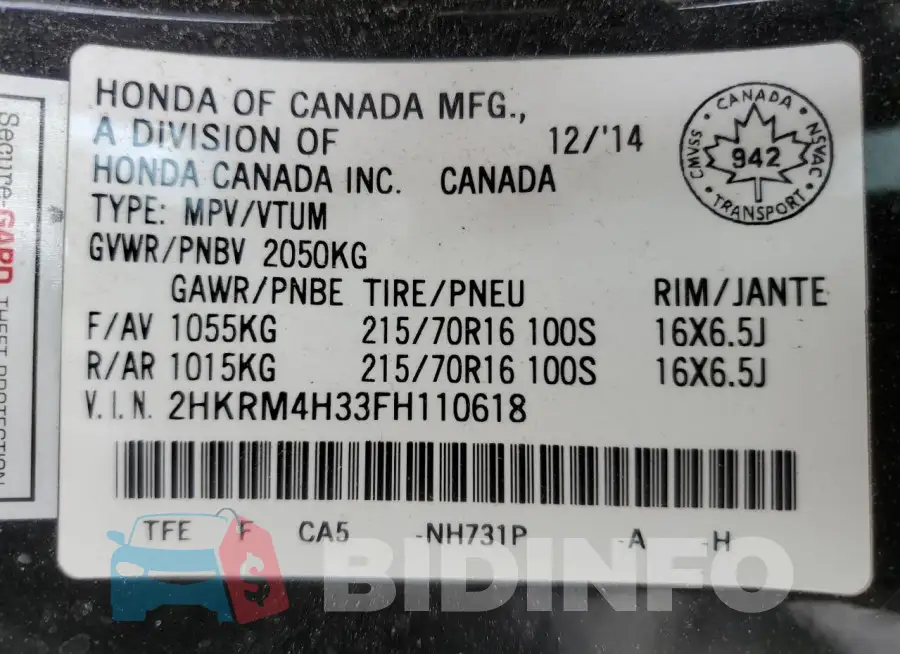 2HKRM4H33FH110618 Photo# 13