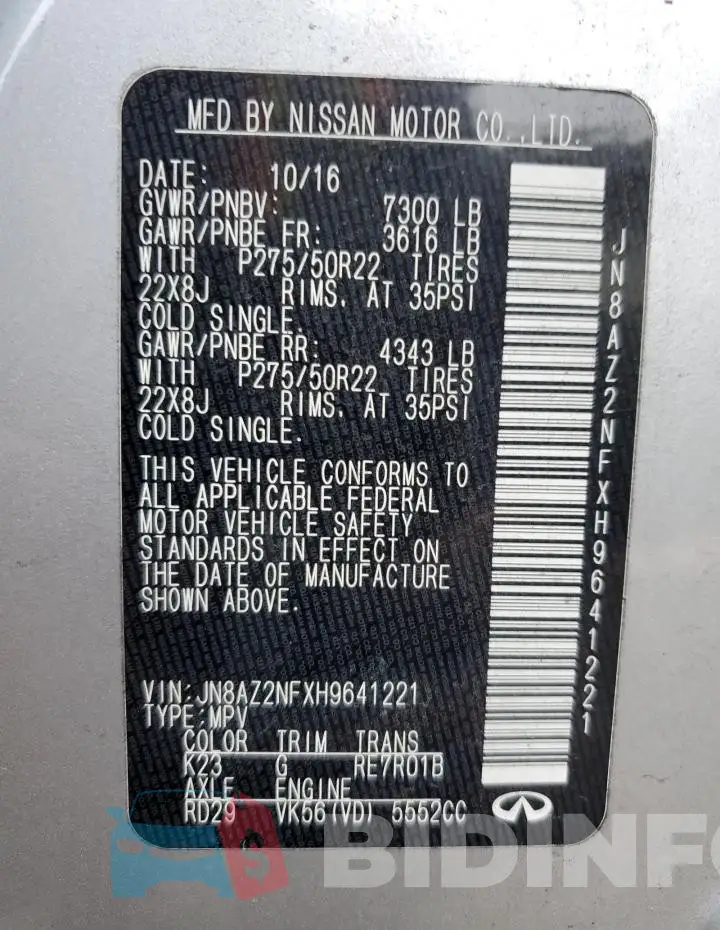 JN8AZ2NFXH9641221 Photo# 13