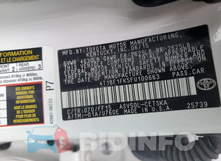 4T1BF1FK5FU100663 Photo# 12