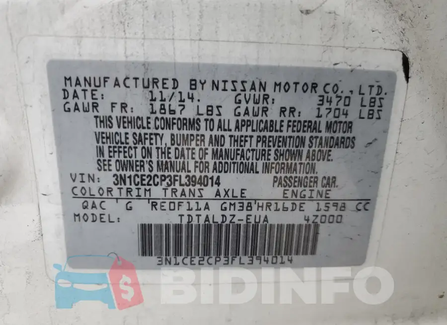 3N1CE2CP3FL394014 Photo# 12