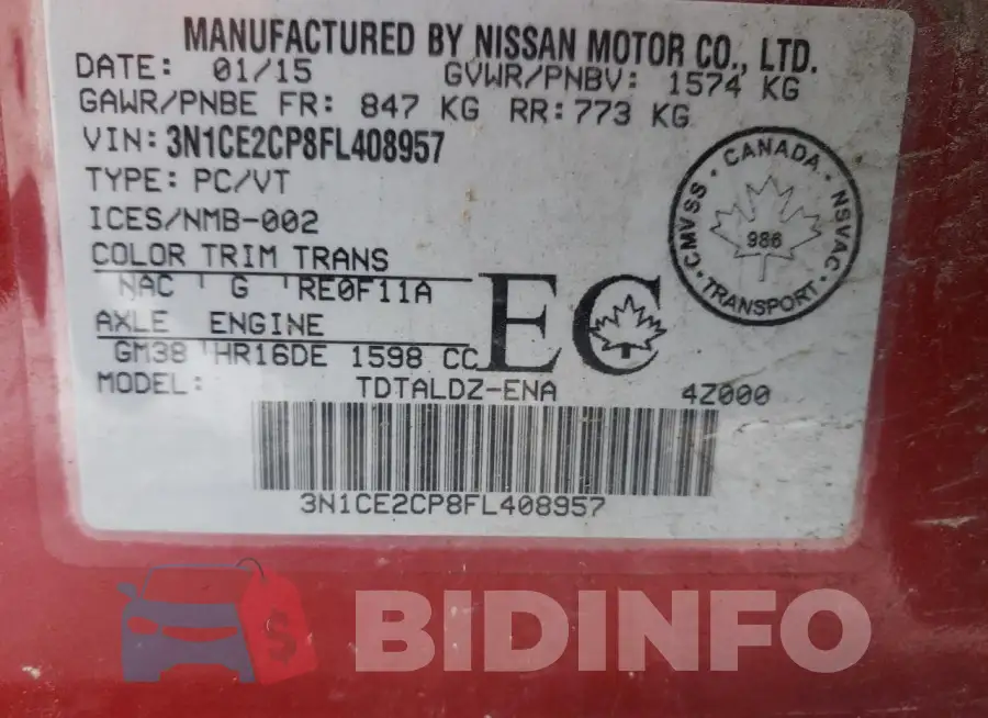 3N1CE2CP8FL408957 Photo# 13