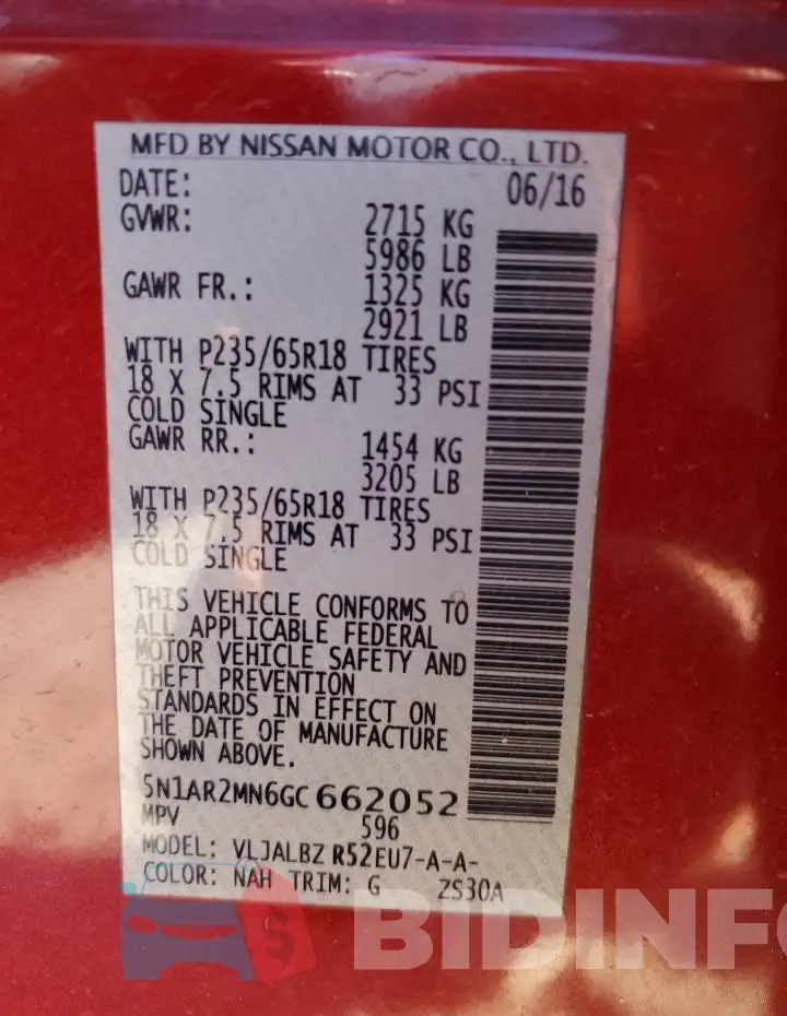 5N1AR2MN6GC662052 Photo# 14