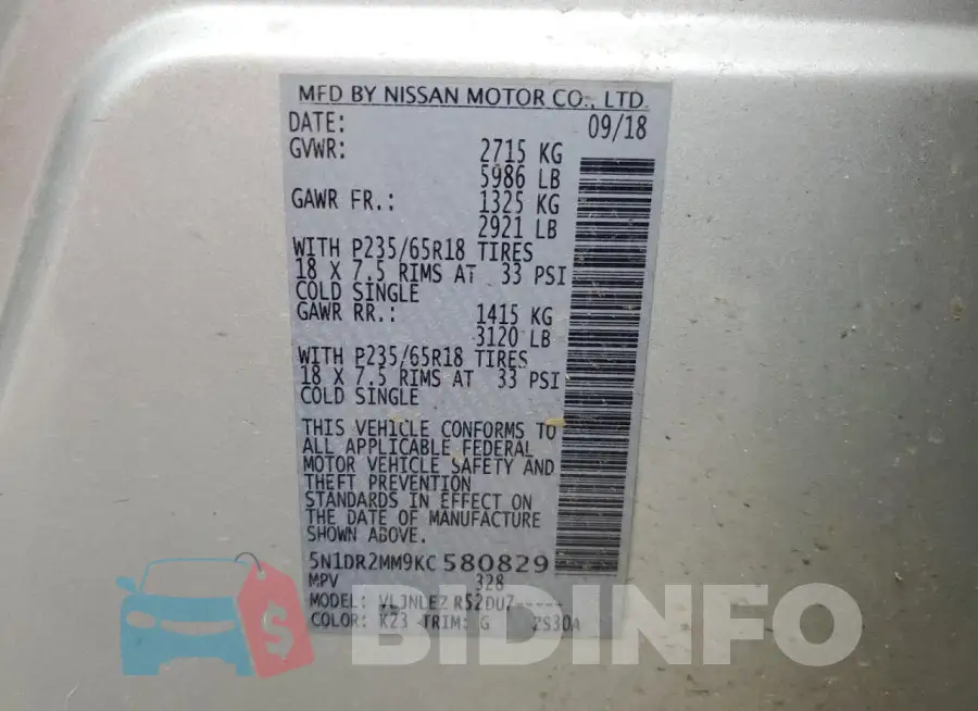 5N1DR2MM9KC580829 Photo# 12