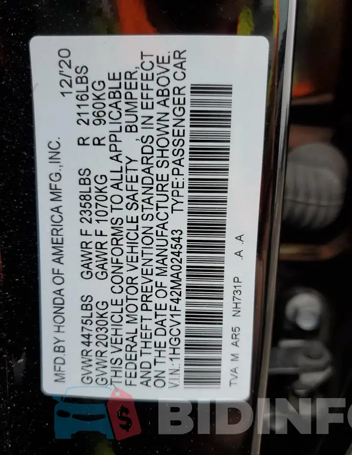 1HGCV1F42MA024543 Photo# 12