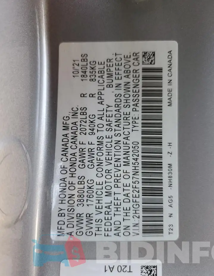 2HGFE2F57NH542050 Photo# 12