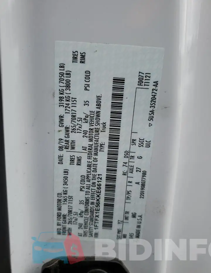 1FTFX1E56KKE66121 Photo# 12