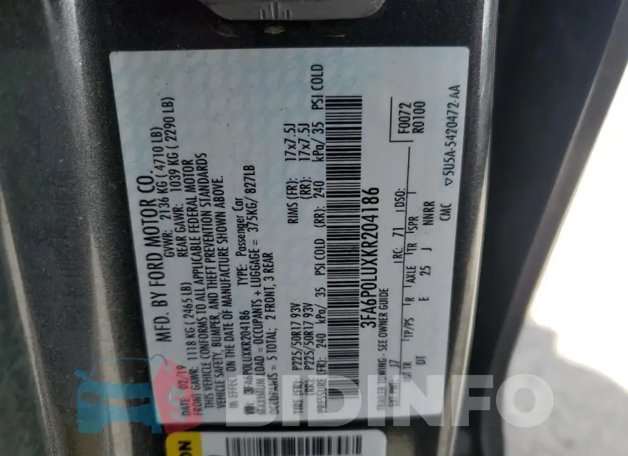 3FA6P0LUXKR204186 Photo# 13