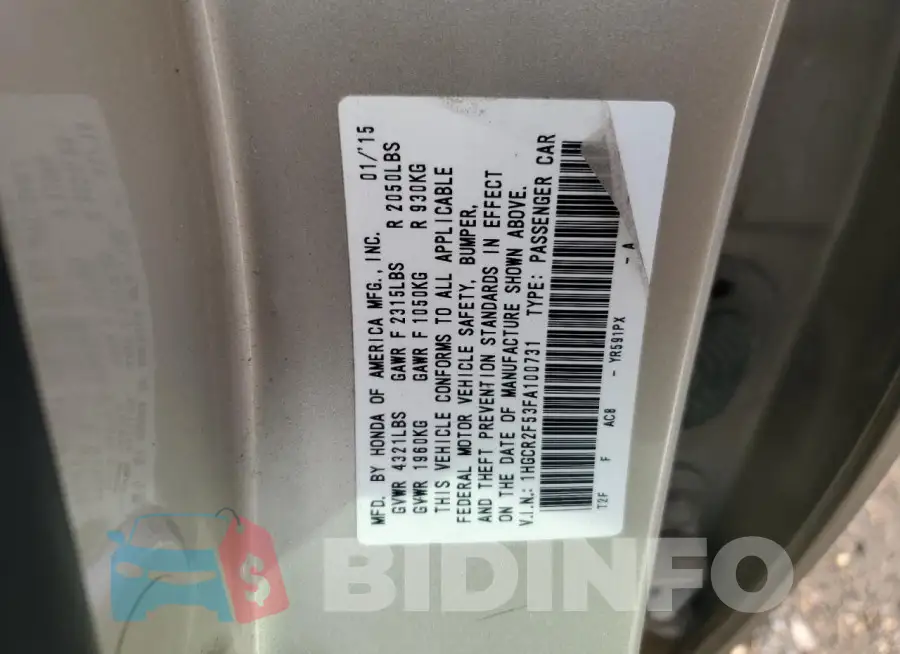 1HGCR2F53FA100731 Photo# 12