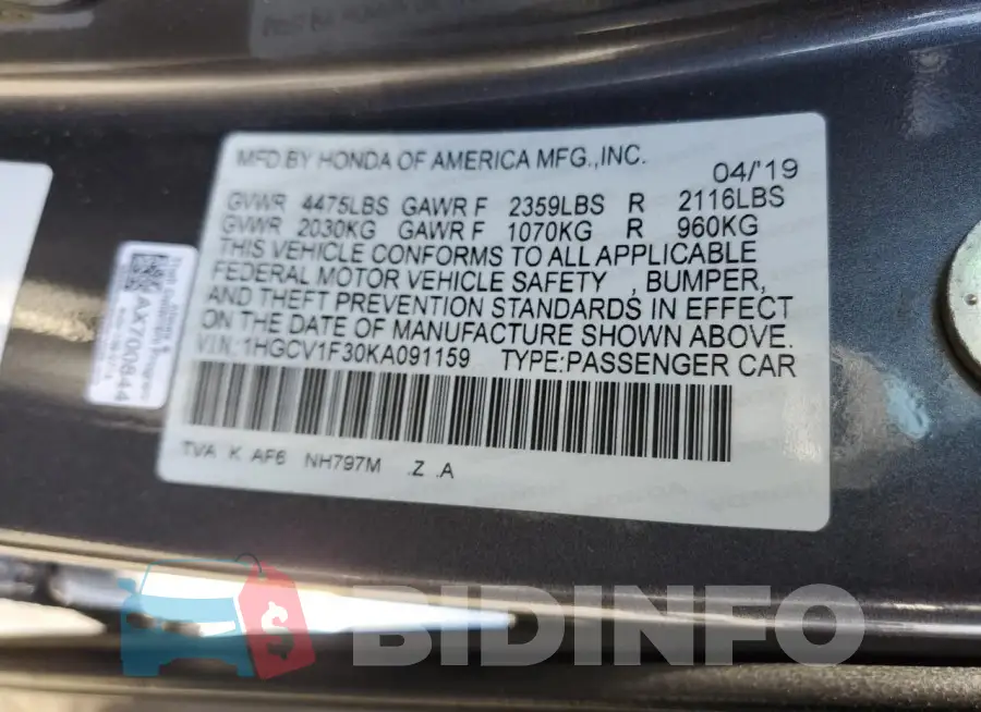 1HGCV1F30KA091159 Photo# 12