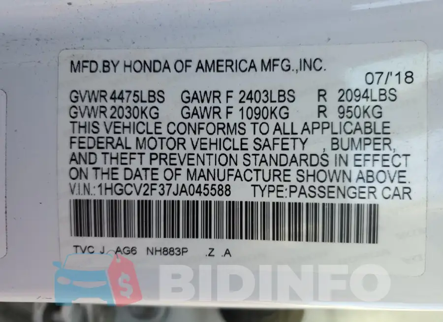 1HGCV2F37JA045588 Photo# 12