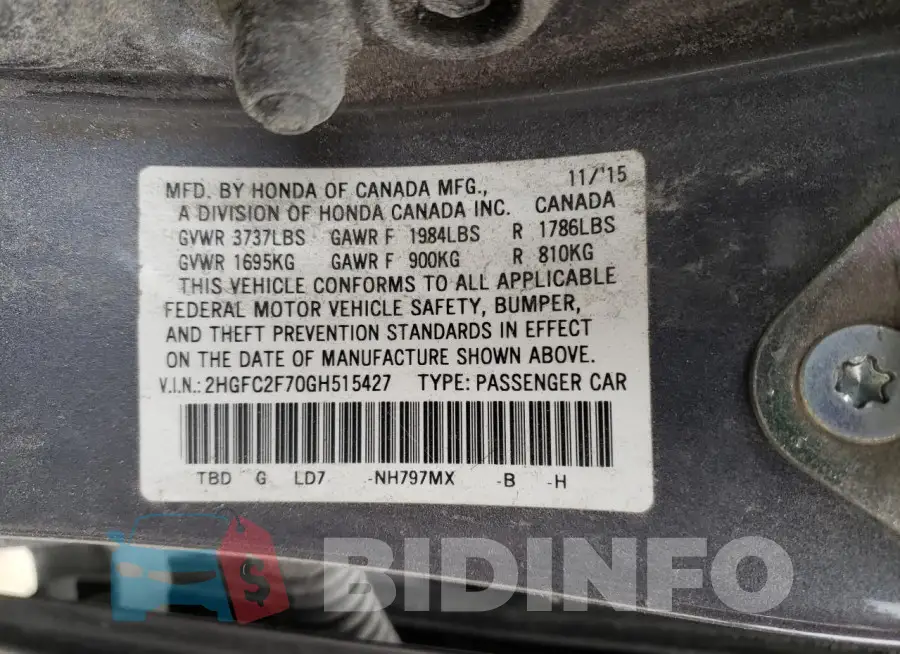 2HGFC2F70GH515427 Photo# 13