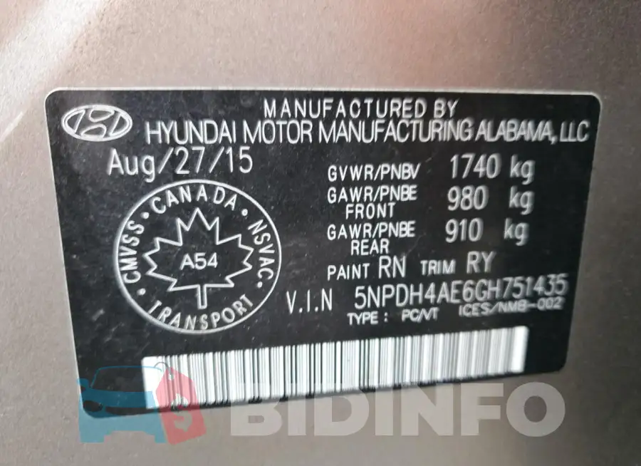 5NPDH4AE6GH751435 Photo# 12