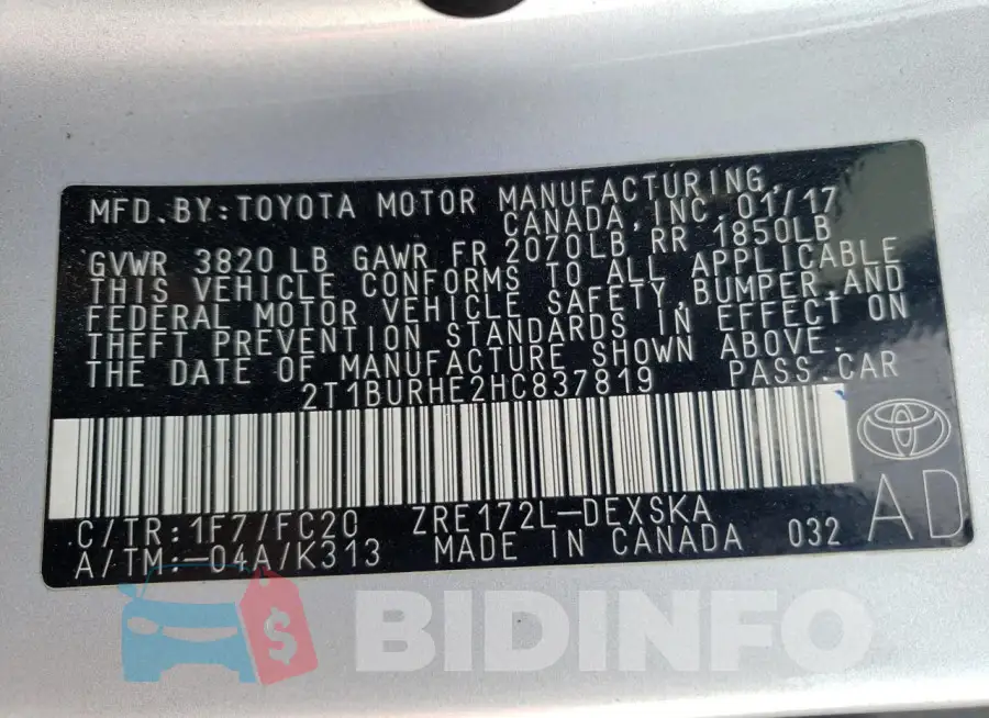2T1BURHE2HC837819 Photo# 13
