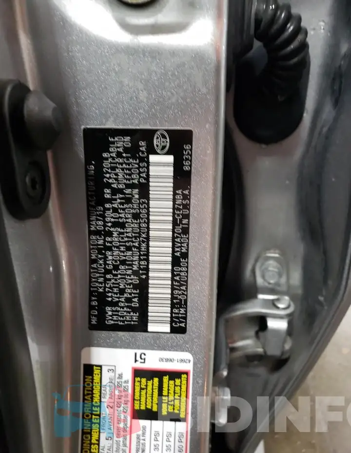 4T1B11HK7KU850653 Photo# 13