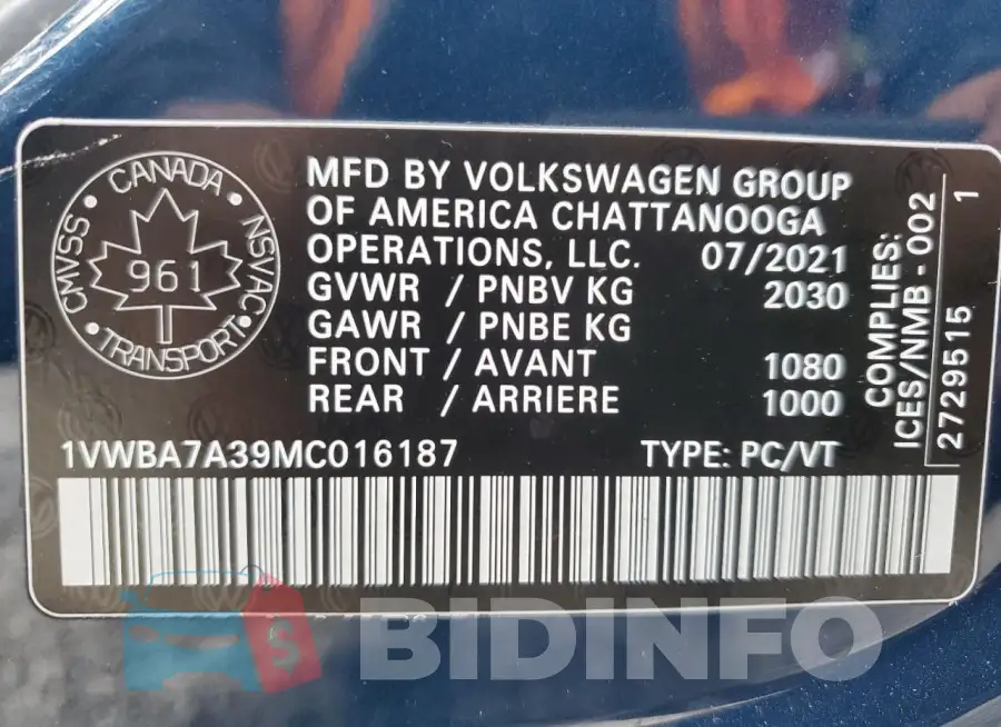 1VWBA7A39MC016187 Photo# 13