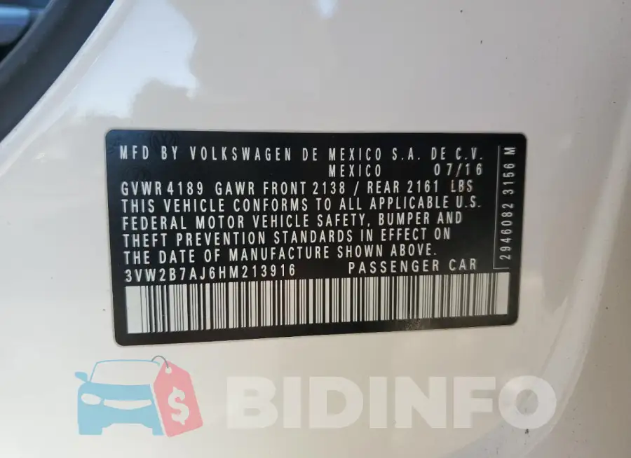 3VW2B7AJ6HM213916 Photo# 12