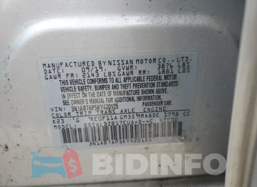 3N1AB7AP5KY420125 Photo# 12