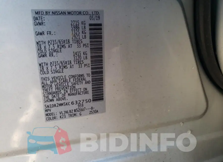 5N1DR2MM5KC632750 Photo# 12