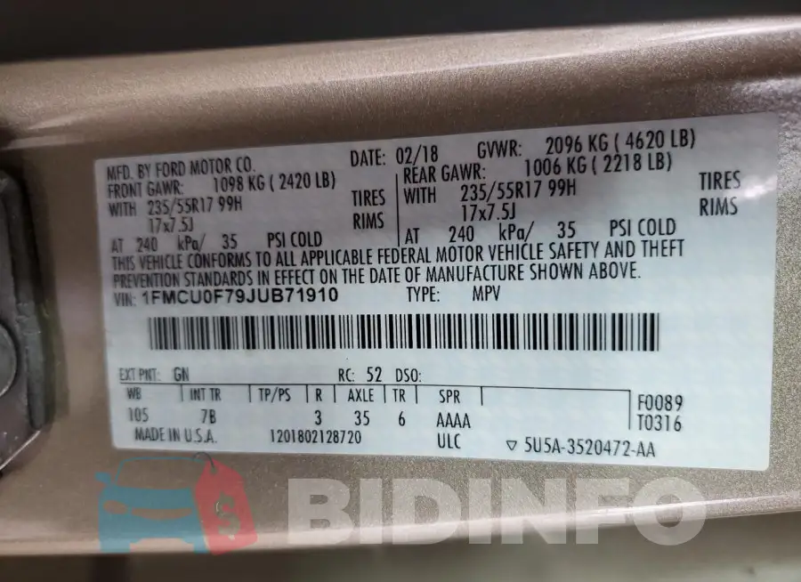 1FMCU0F79JUB71910 Photo# 12