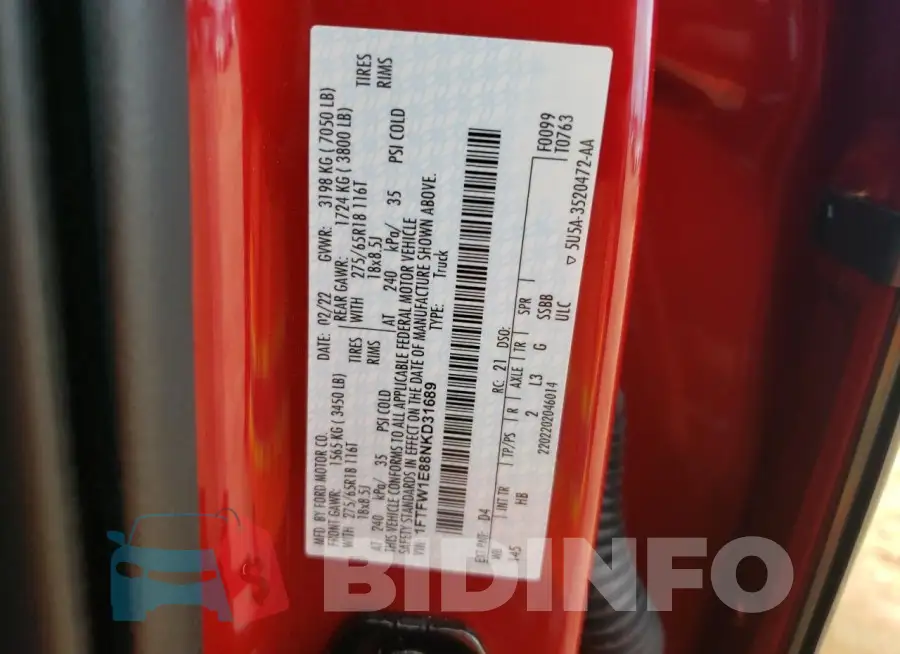 1FTFW1E88NKD31689 Photo# 12