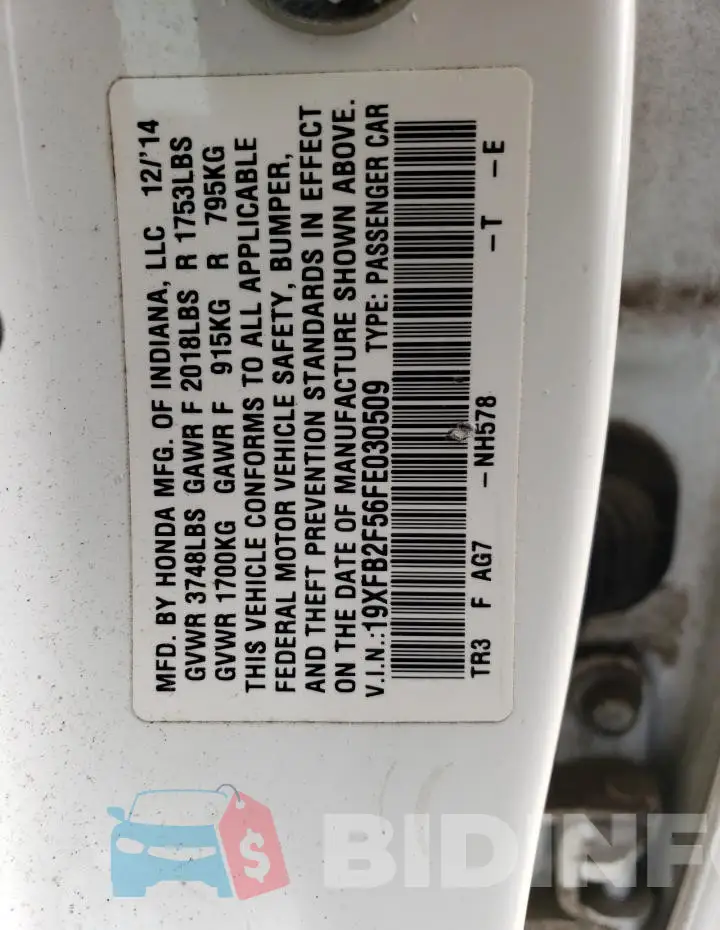 19XFB2F56FE030509 Photo# 12