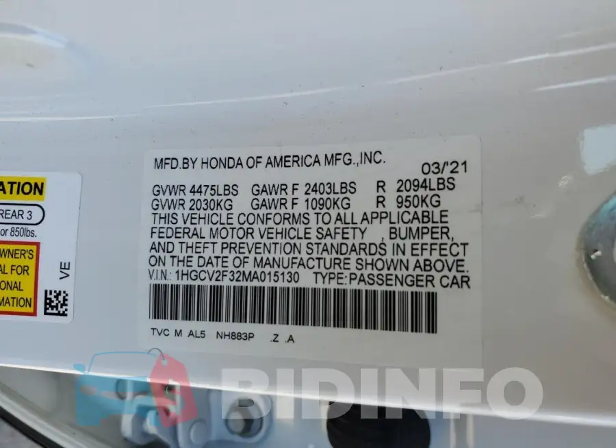 1HGCV2F32MA015130 Photo# 12