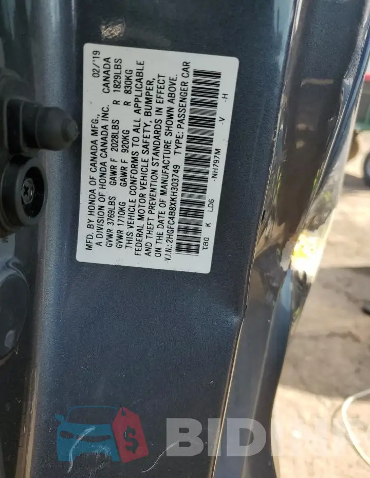 2HGFC4B8XKH303749 Photo# 13