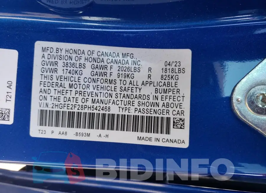 2HGFE2F28PH542468 Photo# 12