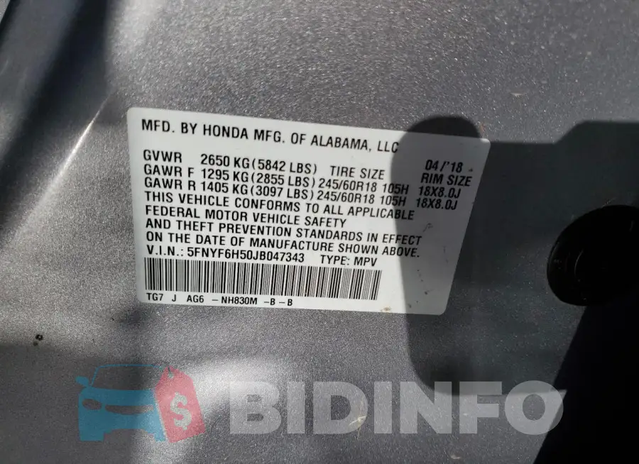 5FNYF6H50JB047343 Photo# 12