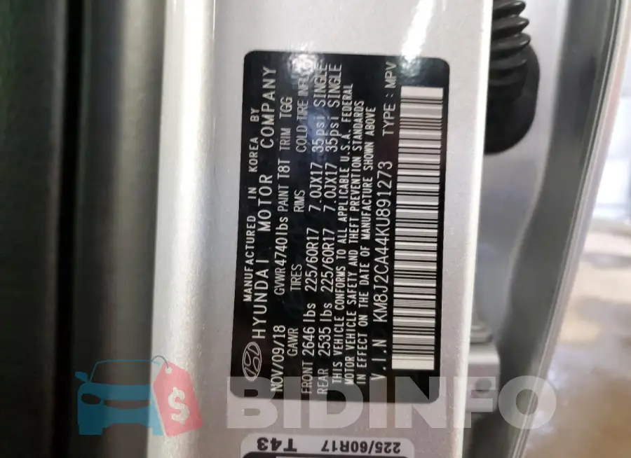 KM8J2CA44KU891273 Photo# 12