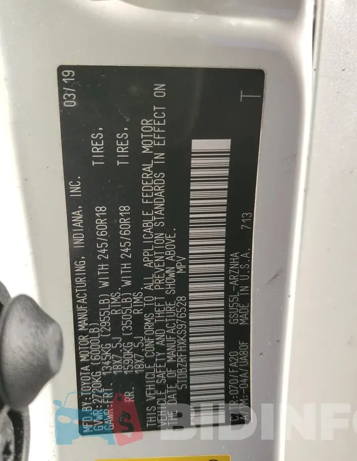 5TDBZRFHXKS976528 Photo# 14